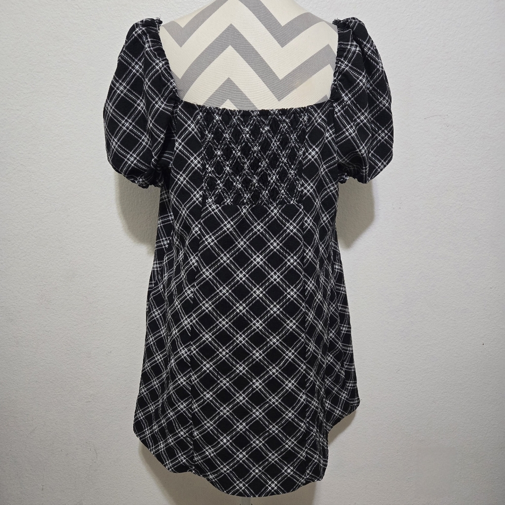 H&M Divided Black & White Plaid Puff Sleeve Mini Dress Milkmaid Smocked Size XL - Picture 7 of 12